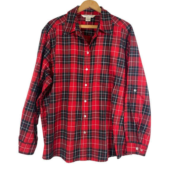 Allison Daley Top 20W 2X Red Black Plaid Check Tartan Button Up Holiday Preppy - Picture 1 of 10